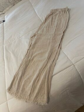 Lightweight Beige Wide-Leg Fringe Hem Pants